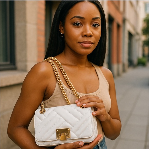 Michael Kors White Quilted 2way Shoulder Bag crossbody Gold Chain NWOT - Picture 1 of 15